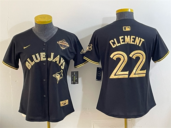 Youth Toronto Blue Jays #22 Ernie Clement Black Gold 2025 American League Champions Limited Stitched Baseball Jersey Youth Toronto Blue Jays #22 Ernie Clement Black Gold 2025 American League Champions Limited Stitched Baseball Jersey