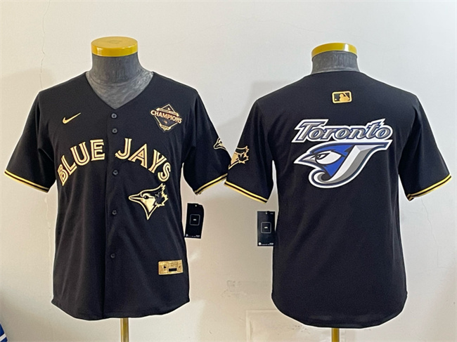 Youth Toronto Blue Jays Team Big Logo Black Gold 2025 American League Champions Limited Stitched Baseball Jersey Youth Toronto Blue Jays Team Big Logo Black Gold 2025 American League Champions Limited Stitched Baseball Jersey
