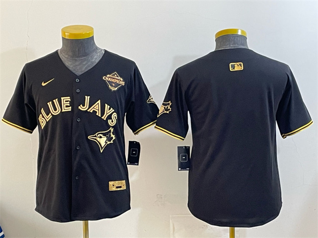 Youth Toronto Blue Jays Blank Black Gold 2025 American League Champions Limited Stitched Baseball Jersey Youth Toronto Blue Jays Blank Black Gold 2025 American League Champions Limited Stitched Baseball Jersey