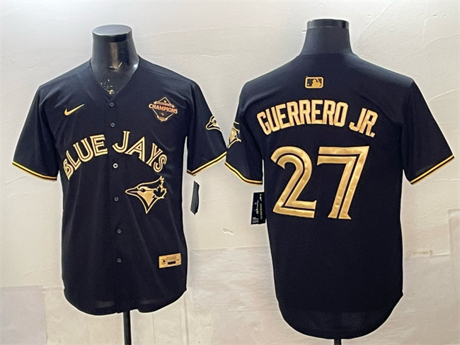 en's Toronto Blue Jays #27 Vladimir Guerrero Jr. Black Gold 2025 American League Champions Limited Stitched Baseball Jersey en's Toronto Blue Jays #27 Vladimir Guerrero Jr. Black Gold 2025 American League Champions Limited Stitched Baseball Jersey