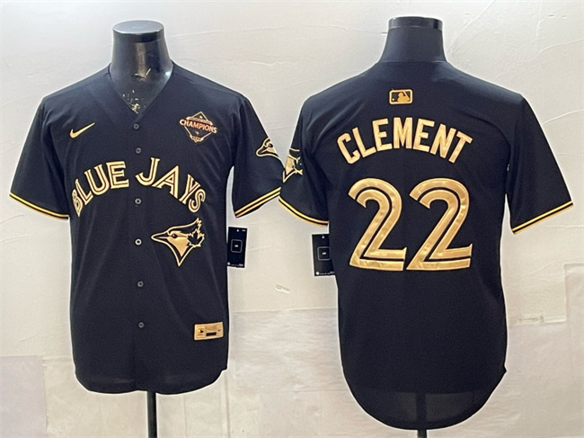 Men's Toronto Blue Jays #22 Ernie Clement Black Gold 2025 American League Champions Limited Stitched Baseball Jersey Men's Toronto Blue Jays #22 Ernie Clement Black Gold 2025 American League Champions Limited Stitched Baseball Jersey