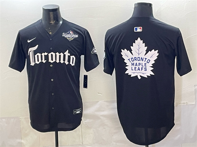 Men's Toronto Blue Jays & Leafs Black 2025 World Series With White Leafs Logo Gothic North Edition Limited Stitched Baseball Jersey Men's Toronto Blue Jays & Leafs Black 2025 World Series With White Leafs Logo Gothic North Edition Limited Stitched Baseball Jersey