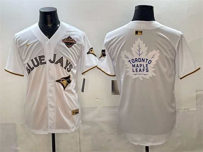 Men's Toronto Blue Jays & Leafs Black Gold 2025 American League Champions With White Leafs Logo Limited Stitched Baseball Jersey 1