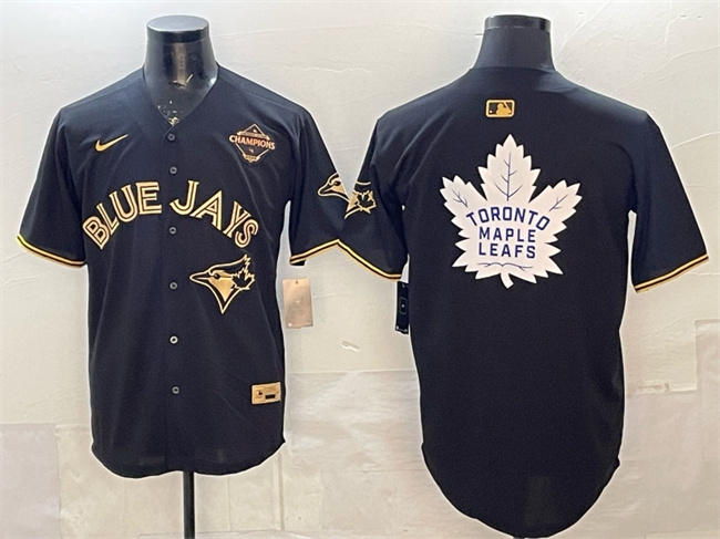 Men's Toronto Blue Jays & Leafs Black Gold 2025 American League Champions With White Leafs Logo Limited Stitched Baseball Jersey Men's Toronto Blue Jays & Leafs Black Gold 2025 American League Champions With White Leafs Logo Limited Stitched Baseball Jersey