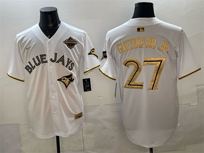 Men's Toronto Blue Jays #27 Vladimir Guerrero Jr. White Gold 2025 American League Champions Limited Stitched Baseball Jersey Men's Toronto Blue Jays #27 Vladimir Guerrero Jr. White Gold 2025 American League Champions Limited Stitched Baseball Jersey