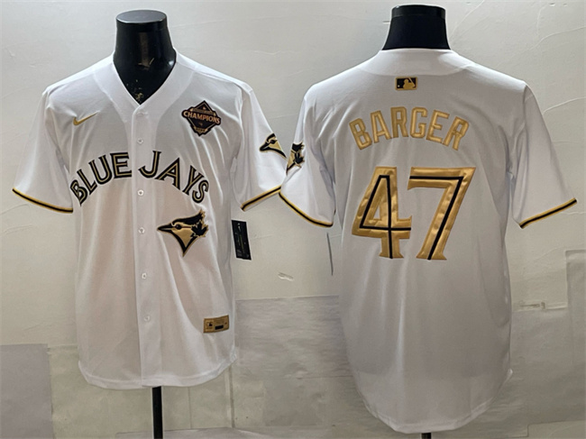 Men's Toronto Blue Jays #47 Addison Barger White Gold 2025 American League Champions Limited Stitched Baseball Jersey Men's Toronto Blue Jays #47 Addison Barger White Gold 2025 American League Champions Limited Stitched Baseball Jersey