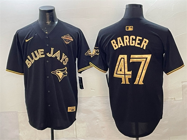 Men's Toronto Blue Jays #47 Addison Barger Black Gold 2025 American League Champions Limited Stitched Baseball Jersey Men's Toronto Blue Jays #47 Addison Barger Black Gold 2025 American League Champions Limited Stitched Baseball Jersey