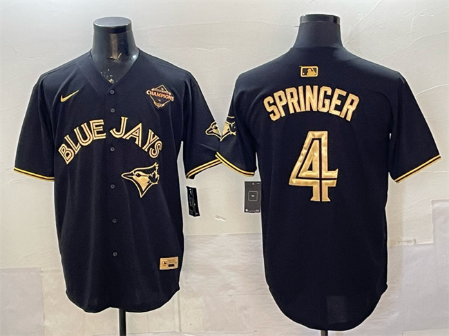 Men's Toronto Blue Jays #4 George Springer Black Gold 2025 American League Champions Limited Stitched Baseball Jersey Men's Toronto Blue Jays #4 George Springer Black Gold 2025 American League Champions Limited Stitched Baseball Jersey