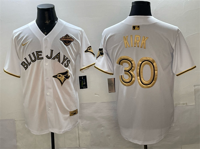 Men's Toronto Blue Jays #30 Alejandro Kirk White Gold 2025 American League Champions Limited Stitched Baseball Jersey Men's Toronto Blue Jays #30 Alejandro Kirk White Gold 2025 American League Champions Limited Stitched Baseball Jersey