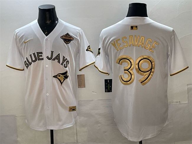 Men's Toronto Blue Jays #39 Trey Yesavage White Gold 2025 American League Champions Limited Stitched Baseball Jersey Men's Toronto Blue Jays #39 Trey Yesavage White Gold 2025 American League Champions Limited Stitched Baseball Jersey