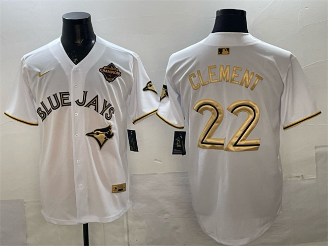 Men's Toronto Blue Jays #22 Ernie Clement White Gold 2025 American League Champions Limited Stitched Baseball Jersey Men's Toronto Blue Jays #22 Ernie Clement White Gold 2025 American League Champions Limited Stitched Baseball Jersey