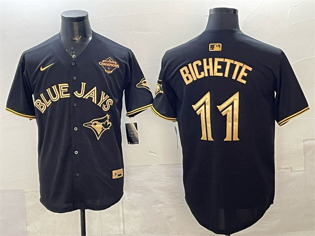 Men's Toronto Blue Jays #11 Bo Bichette Black Gold 2025 American League Champions Limited Stitched Baseball Jersey Men's Toronto Blue Jays #11 Bo Bichette Black Gold 2025 American League Champions Limited Stitched Baseball Jersey