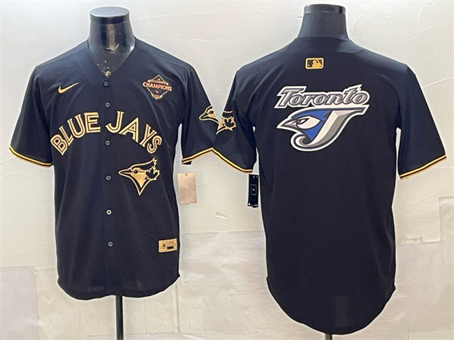 Men's Toronto Blue Jays Team Big Logo Black Gold 2025 American League Champions Limited Stitched Baseball Jersey Men's Toronto Blue Jays Team Big Logo Black Gold 2025 American League Champions Limited Stitched Baseball Jersey