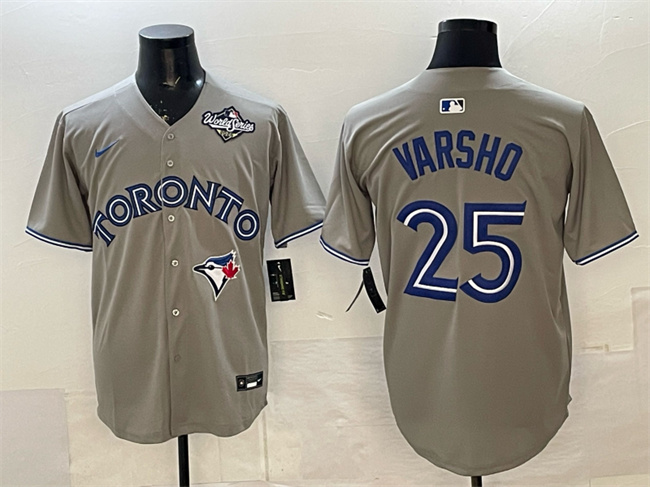 Men's Toronto Blue Jays #25 Daulton Varsho Grey 2025 World Series Home Cool Base Stitched Baseball Jersey Men's Toronto Blue Jays #25 Daulton Varsho Grey 2025 World Series Home Cool Base Stitched Baseball Jersey