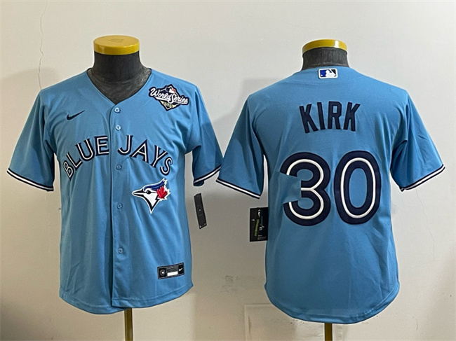 Youth Toronto Blue Jays #30 Alejandro Kirk Blue 2025 World Series Cool Base Stitched Baseball Jersey Youth Toronto Blue Jays #30 Alejandro Kirk Blue 2025 World Series Cool Base Stitched Baseball Jersey
