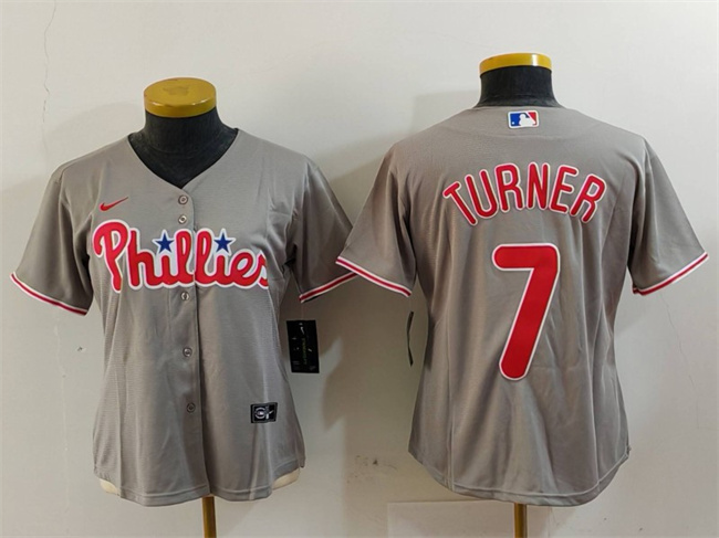 Women's Philadelphia Phillies #7 Trea Turner Grey Cool Base Stitched Baseball Jersey(Run Small) Women's Philadelphia Phillies #7 Trea Turner Grey Cool Base Stitched Baseball Jersey(Run Small)