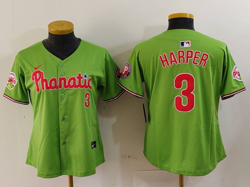 Women's Philadelphia Phillies #3 Bryce Harper Green With Patch Stitched Baseball Jersey(Run Small) Women's Philadelphia Phillies #3 Bryce Harper Green With Patch Stitched Baseball Jersey(Run Small)