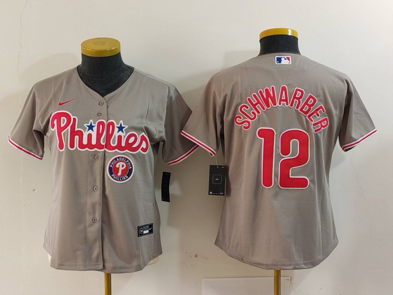 Women's Philadelphia Phillies #12 Kyle Schwarber Grey Cool Base Stitched Baseball Jersey(Run Small) 2 Women's Philadelphia Phillies #12 Kyle Schwarber Grey Cool Base Stitched Baseball Jersey(Run Small) 2