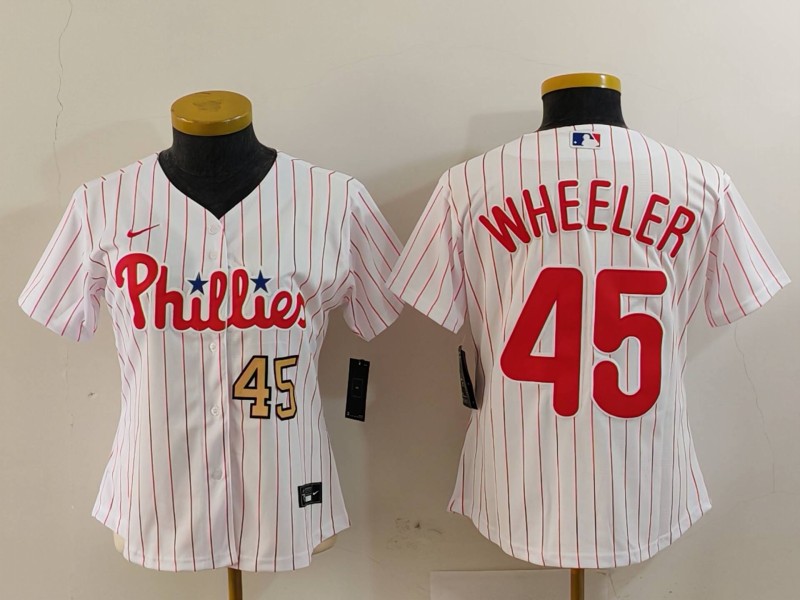 Women's Philadelphia Phillies #45 Zack Wheeler White Stitched Baseball Jersey(Run Small) 2 Women's Philadelphia Phillies #45 Zack Wheeler White Stitched Baseball Jersey(Run Small) 2