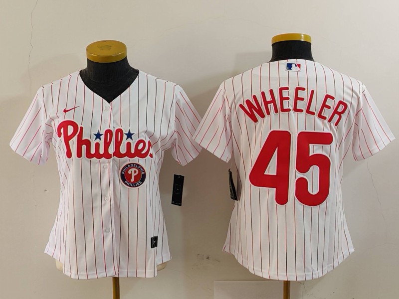 Women's Philadelphia Phillies #45 Zack Wheeler White Stitched Baseball Jersey(Run Small) 1 Women's Philadelphia Phillies #45 Zack Wheeler White Stitched Baseball Jersey(Run Small) 1