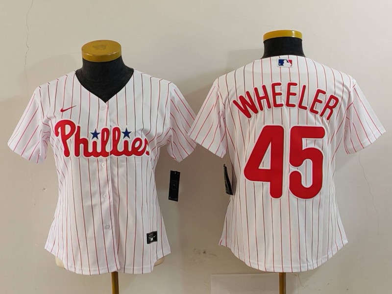 Women's Philadelphia Phillies #45 Zack Wheeler White Stitched Baseball Jersey(Run Small) Women's Philadelphia Phillies #45 Zack Wheeler White Stitched Baseball Jersey(Run Small)