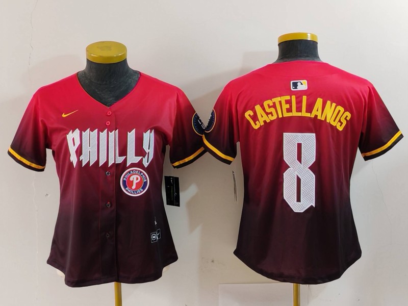 Women's Philadelphia Phillies #8 Nick Castellanos Red 2024 City Connect Limited Stitched Baseball Jersey 8 Women's Philadelphia Phillies #8 Nick Castellanos Red 2024 City Connect Limited Stitched Baseball Jersey 8