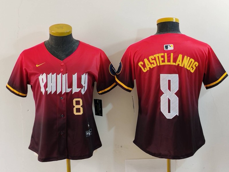 Women's Philadelphia Phillies #8 Nick Castellanos Red 2024 City Connect Limited Stitched Baseball Jersey 1 Women's Philadelphia Phillies #8 Nick Castellanos Red 2024 City Connect Limited Stitched Baseball Jersey 1