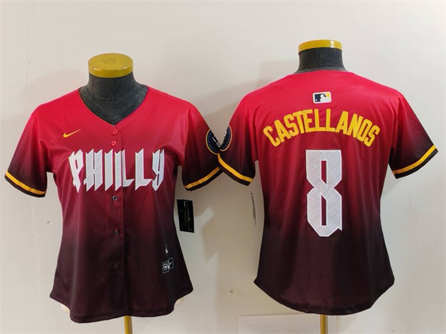 Women's Philadelphia Phillies #8 Nick Castellanos Red 2024 City Connect Limited Stitched Baseball Jersey Women's Philadelphia Phillies #8 Nick Castellanos Red 2024 City Connect Limited Stitched Baseball Jersey