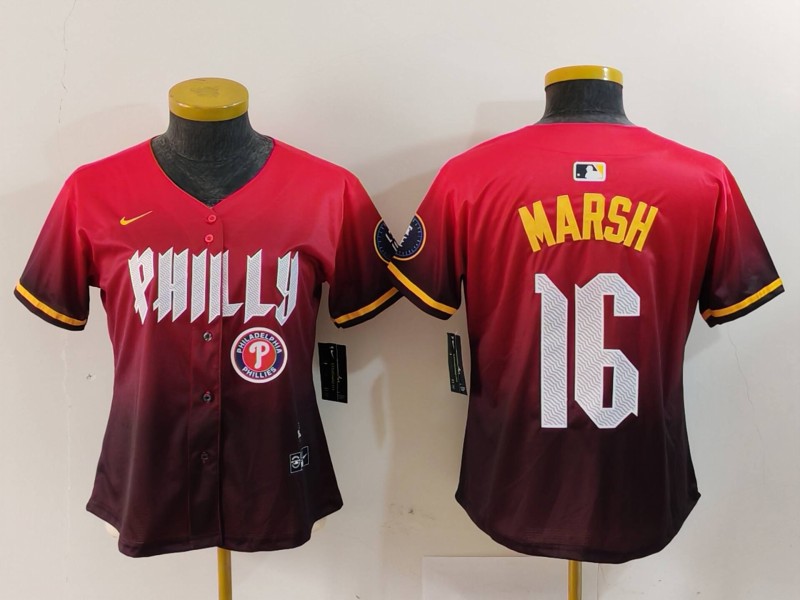 Women's Philadelphia Phillies #16 Brandon Marsh Red 2024 City Connect Limited Stitched Baseball Jersey 3 Women's Philadelphia Phillies #16 Brandon Marsh Red 2024 City Connect Limited Stitched Baseball Jersey 3