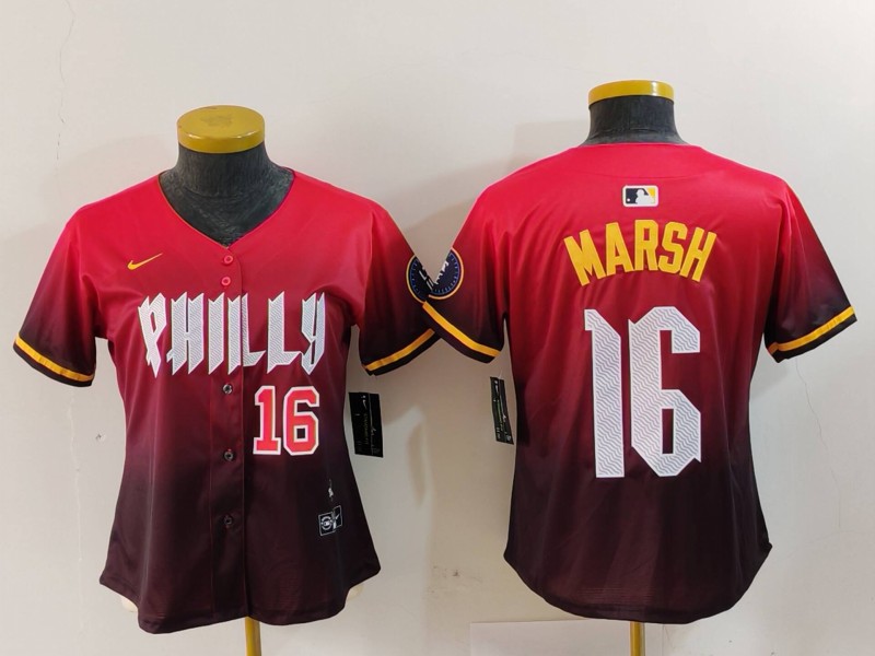 Women's Philadelphia Phillies #16 Brandon Marsh Red 2024 City Connect Limited Stitched Baseball Jersey 2 Women's Philadelphia Phillies #16 Brandon Marsh Red 2024 City Connect Limited Stitched Baseball Jersey 2