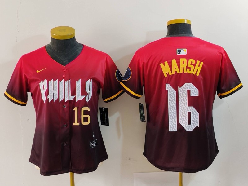 Women's Philadelphia Phillies #16 Brandon Marsh Red 2024 City Connect Limited Stitched Baseball Jersey 1 Women's Philadelphia Phillies #16 Brandon Marsh Red 2024 City Connect Limited Stitched Baseball Jersey 1