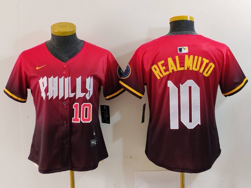 Women's Philadelphia Phillies #10 J.T. Realmuto Red 2024 City Connect Limited Stitched Baseball Jersey 1 Women's Philadelphia Phillies #10 J.T. Realmuto Red 2024 City Connect Limited Stitched Baseball Jersey 1