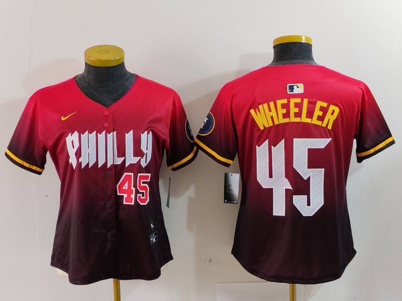 Women's Philadelphia Phillies #45 Zack Wheeler Red 2024 City Connect Limited Stitched Baseball Jersey 7 Women's Philadelphia Phillies #45 Zack Wheeler Red 2024 City Connect Limited Stitched Baseball Jersey 7