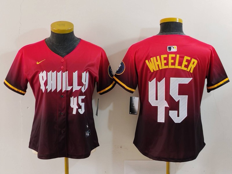 Women's Philadelphia Phillies #45 Zack Wheeler Red 2024 City Connect Limited Stitched Baseball Jersey 6 Women's Philadelphia Phillies #45 Zack Wheeler Red 2024 City Connect Limited Stitched Baseball Jersey 6