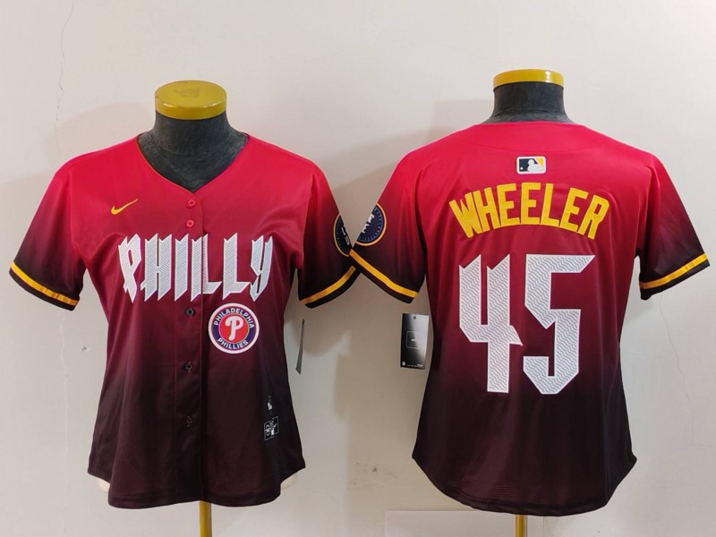 Women's Philadelphia Phillies #45 Zack Wheeler Red 2024 City Connect Limited Stitched Baseball Jersey 3 Women's Philadelphia Phillies #45 Zack Wheeler Red 2024 City Connect Limited Stitched Baseball Jersey 3