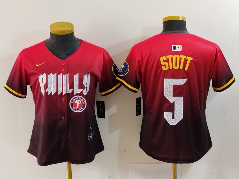 Women's Philadelphia Phillies #5 Bryson Stott Red 2024 City Connect Limited Stitched Baseball Jersey 5 Women's Philadelphia Phillies #5 Bryson Stott Red 2024 City Connect Limited Stitched Baseball Jersey 5
