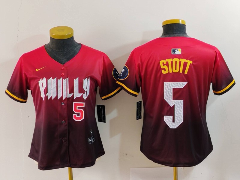 Women's Philadelphia Phillies #5 Bryson Stott Red 2024 City Connect Limited Stitched Baseball Jersey 3 Women's Philadelphia Phillies #5 Bryson Stott Red 2024 City Connect Limited Stitched Baseball Jersey 3
