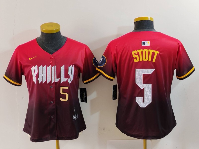 Women's Philadelphia Phillies #5 Bryson Stott Red 2024 City Connect Limited Stitched Baseball Jersey 2 Women's Philadelphia Phillies #5 Bryson Stott Red 2024 City Connect Limited Stitched Baseball Jersey 2