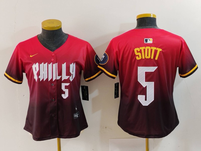 Women's Philadelphia Phillies #5 Bryson Stott Red 2024 City Connect Limited Stitched Baseball Jersey 1 Women's Philadelphia Phillies #5 Bryson Stott Red 2024 City Connect Limited Stitched Baseball Jersey 1