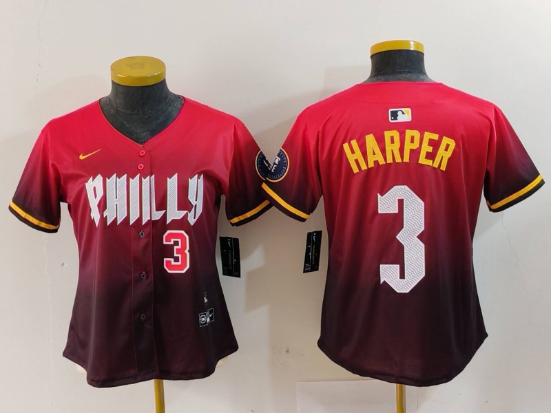 Women's Philadelphia Phillies #3 Bryce Harper Red 2024 City Connect Limited Stitched Baseball Jersey 5 Women's Philadelphia Phillies #3 Bryce Harper Red 2024 City Connect Limited Stitched Baseball Jersey 5