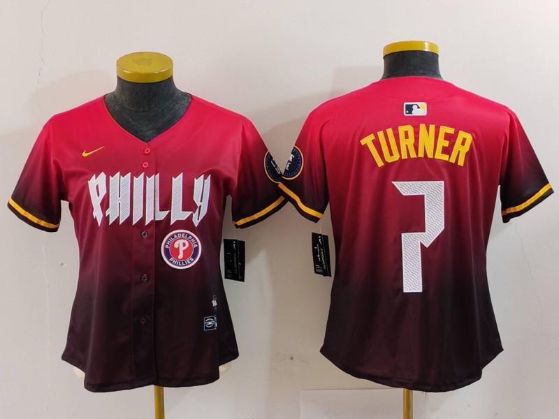 Women's Philadelphia Phillies #7 Trea Turner Red 2024 City Connect Limited Stitched Baseball Jersey 2 Women's Philadelphia Phillies #7 Trea Turner Red 2024 City Connect Limited Stitched Baseball Jersey 2