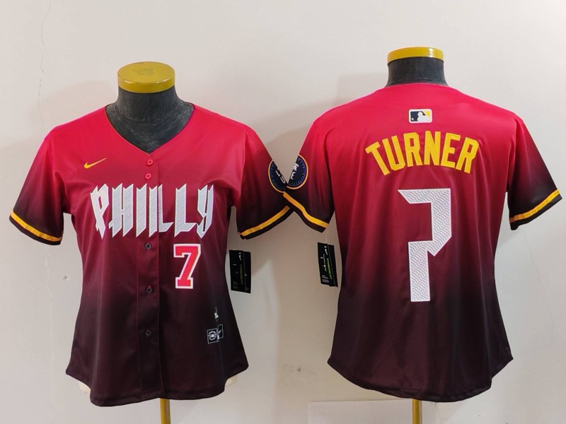 Women's Philadelphia Phillies #7 Trea Turner Red 2024 City Connect Limited Stitched Baseball Jersey 1 Women's Philadelphia Phillies #7 Trea Turner Red 2024 City Connect Limited Stitched Baseball Jersey 1