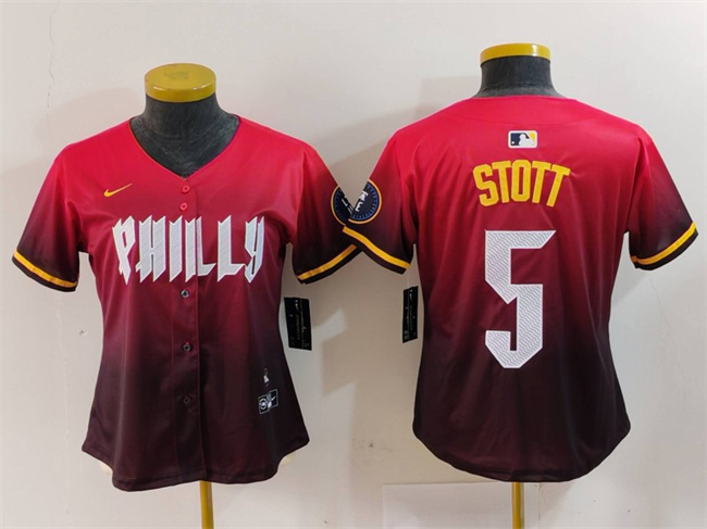 Women's Philadelphia Phillies #5 Bryson Stott Red 2024 City Connect Limited Stitched Baseball Jersey Women's Philadelphia Phillies #5 Bryson Stott Red 2024 City Connect Limited Stitched Baseball Jersey