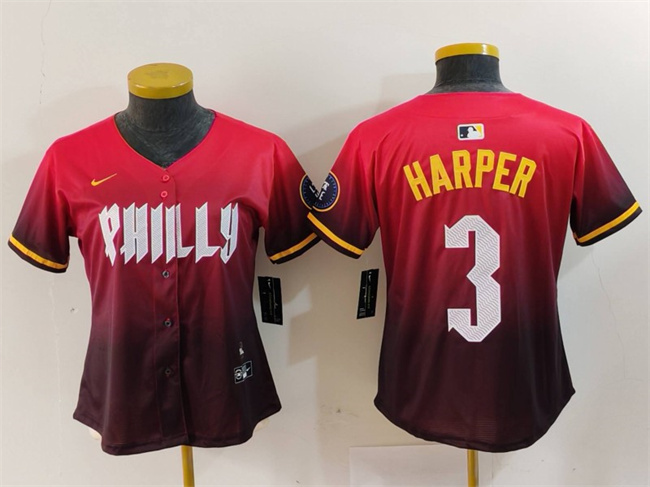 Women's Philadelphia Phillies #3 Bryce Harper Red 2024 City Connect Limited Stitched Baseball Jersey Women's Philadelphia Phillies #3 Bryce Harper Red 2024 City Connect Limited Stitched Baseball Jersey
