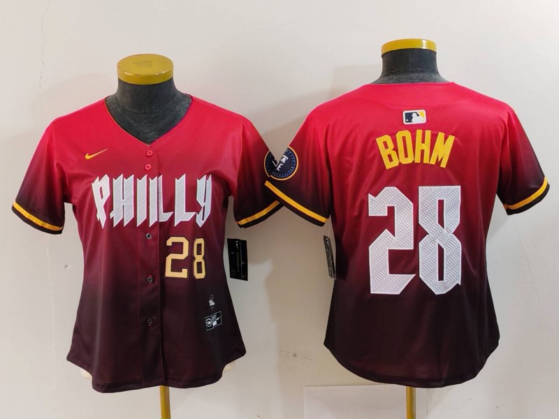 Women's Philadelphia Phillies #28 Alec Bohm Red 2024 City Connect Limited Stitched Baseball Jersey 5 Women's Philadelphia Phillies #28 Alec Bohm Red 2024 City Connect Limited Stitched Baseball Jersey 5