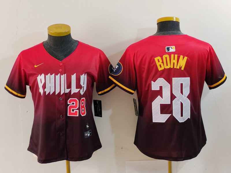 Women's Philadelphia Phillies #28 Alec Bohm Red 2024 City Connect Limited Stitched Baseball Jersey 1 Women's Philadelphia Phillies #28 Alec Bohm Red 2024 City Connect Limited Stitched Baseball Jersey 1