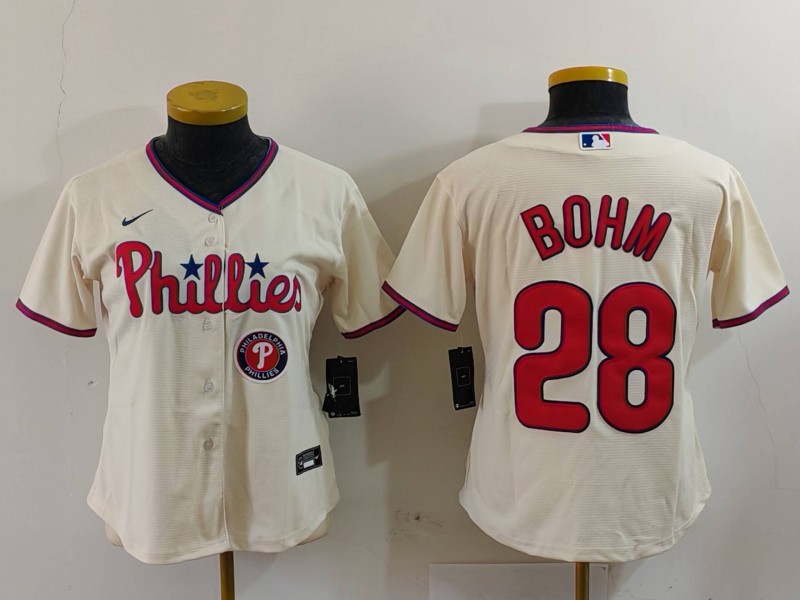 Women's Philadelphia Phillies #28 Alec Bohm Cream Cool Base Stitched Baseball Jersey(Run Small) 3 Women's Philadelphia Phillies #28 Alec Bohm Cream Cool Base Stitched Baseball Jersey(Run Small) 3