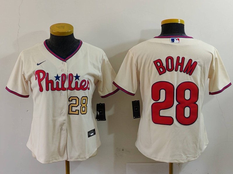 Women's Philadelphia Phillies #28 Alec Bohm Cream Cool Base Stitched Baseball Jersey(Run Small) 1 Women's Philadelphia Phillies #28 Alec Bohm Cream Cool Base Stitched Baseball Jersey(Run Small) 1