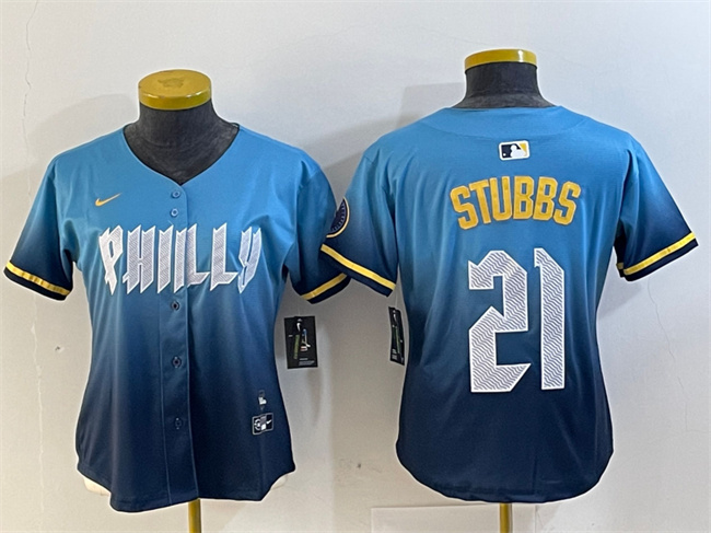 Women's Philadelphia Phillies #21 Garrett Stubbs Blue 2024 City Connect Limited Stitched Baseball Jersey Women's Philadelphia Phillies #21 Garrett Stubbs Blue 2024 City Connect Limited Stitched Baseball Jersey