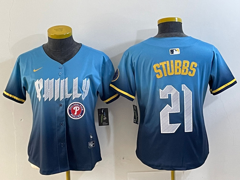 Women's Philadelphia Phillies #21 Garrett Stubbs Blue 2024 City Connect Limited Stitched Jersey 3 Women's Philadelphia Phillies #21 Garrett Stubbs Blue 2024 City Connect Limited Stitched Jersey 3